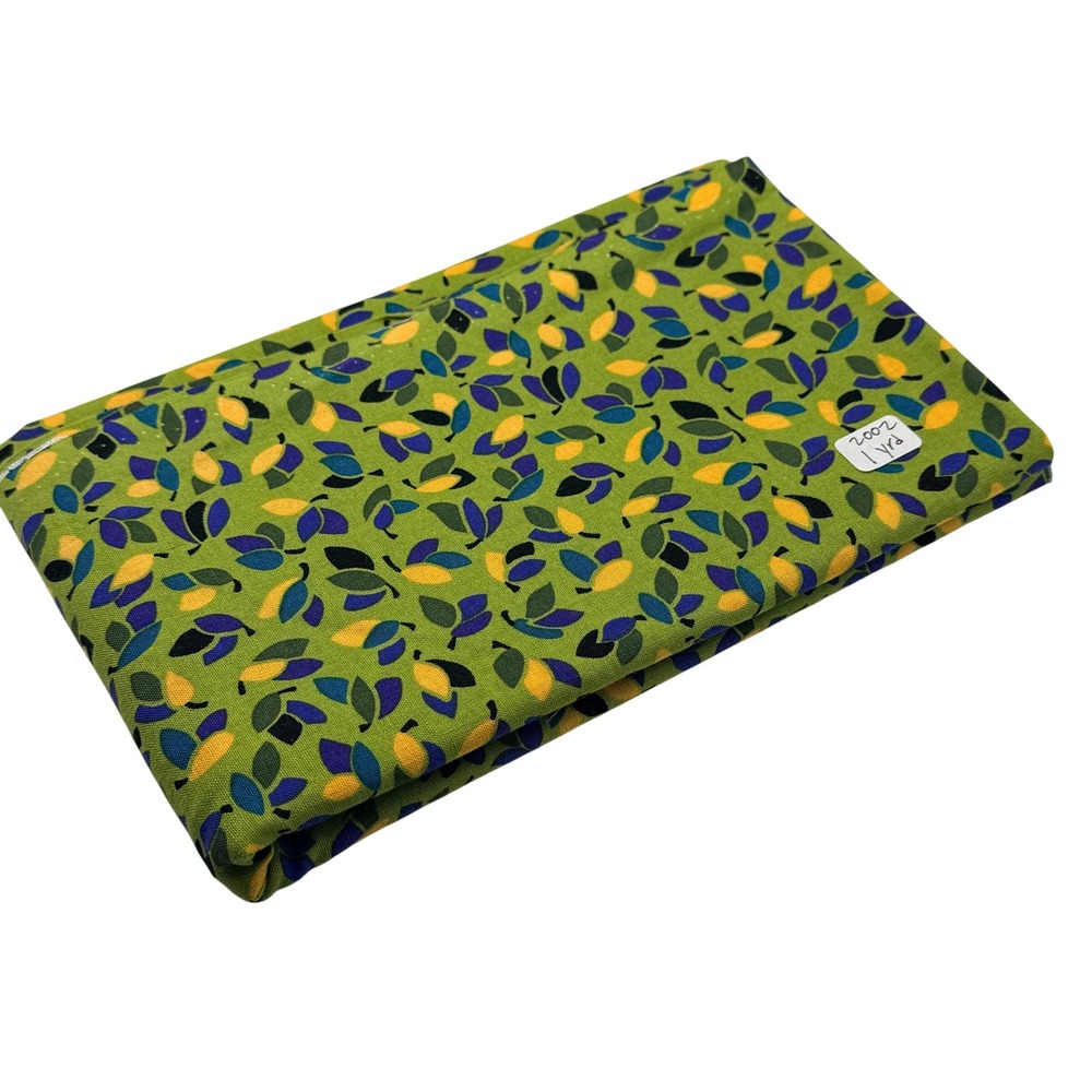 Vintage 2002 Cotton Fabric Leaf Print Green Yellow Blue 1 Yard Sewing Textile